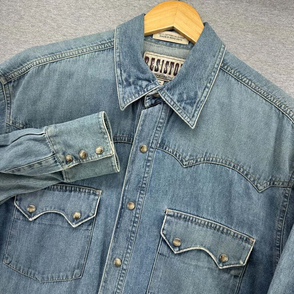 Vintage Resistol Country Denim Western Pearl Snap Long Sleeve Shirt Mens Size M